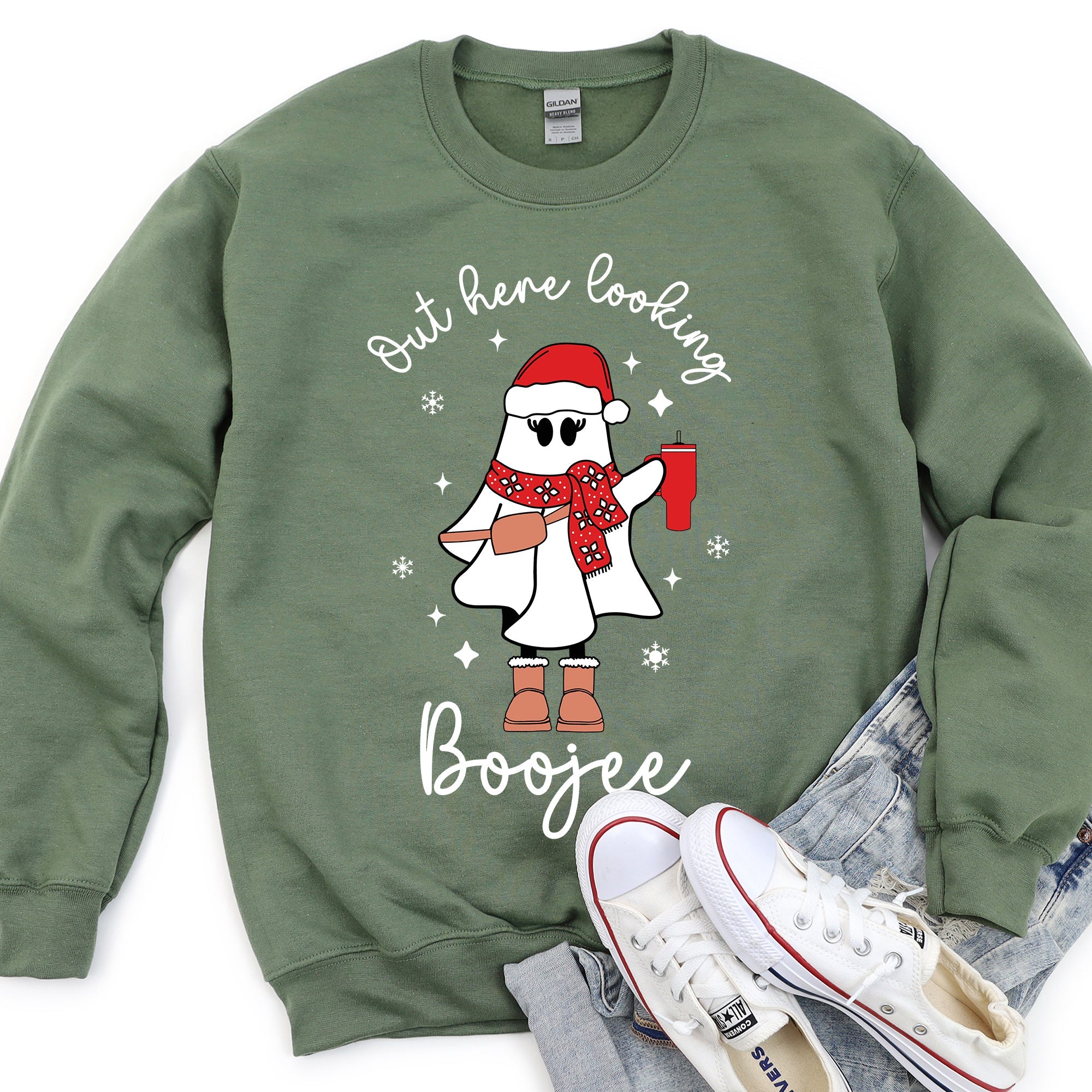 Boojee Ghost Bougie Christmas Holiday Humor Cozy Winter Wardrobe Festive Spirit Sweatshirt