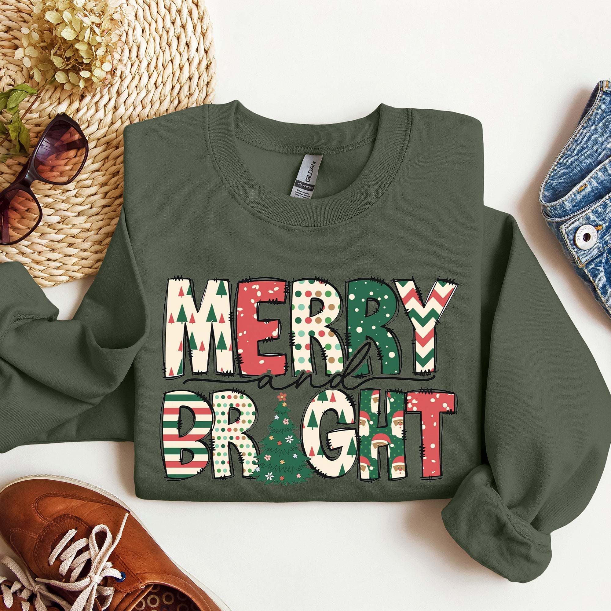 Merry And Bright Christmas Cheer Festive Holiday Lights Snowflake Motif Cozy Cotton Fleece Sweatshirt