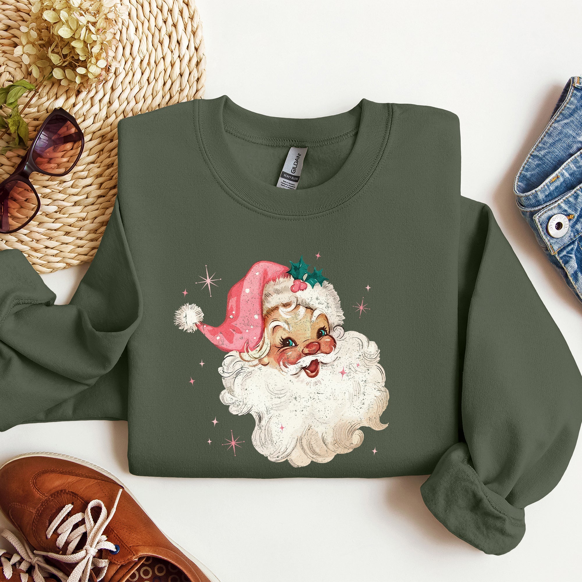Retro Santa Vintage Classic Christmas Star Motif Warm Cozy Holiday Spirit Sweatshirt