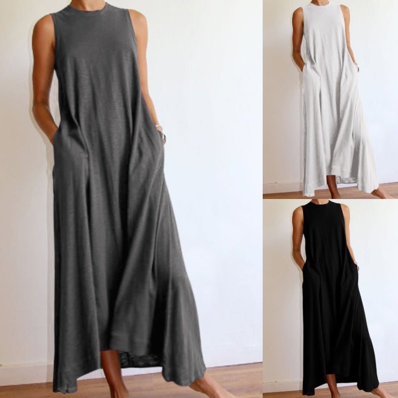 Sleeveless Silk Maxi Dress with Pockets | A-Line Silk Maxi Dress With No Sleeves (MS189)