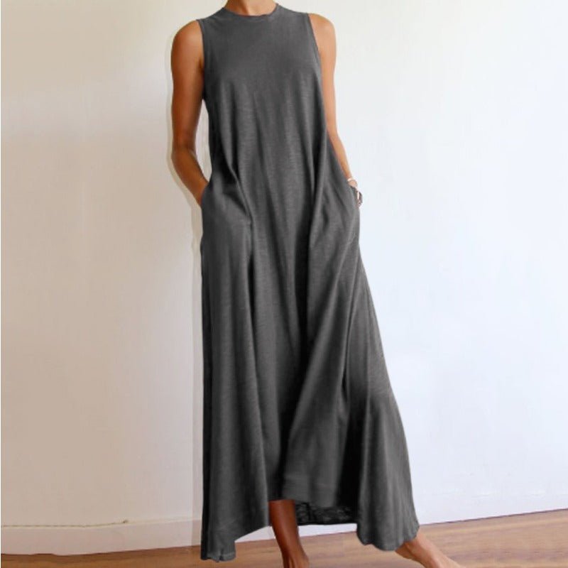 Sleeveless Silk Maxi Dress with Pockets | A-Line Silk Maxi Dress With No Sleeves (MS189)