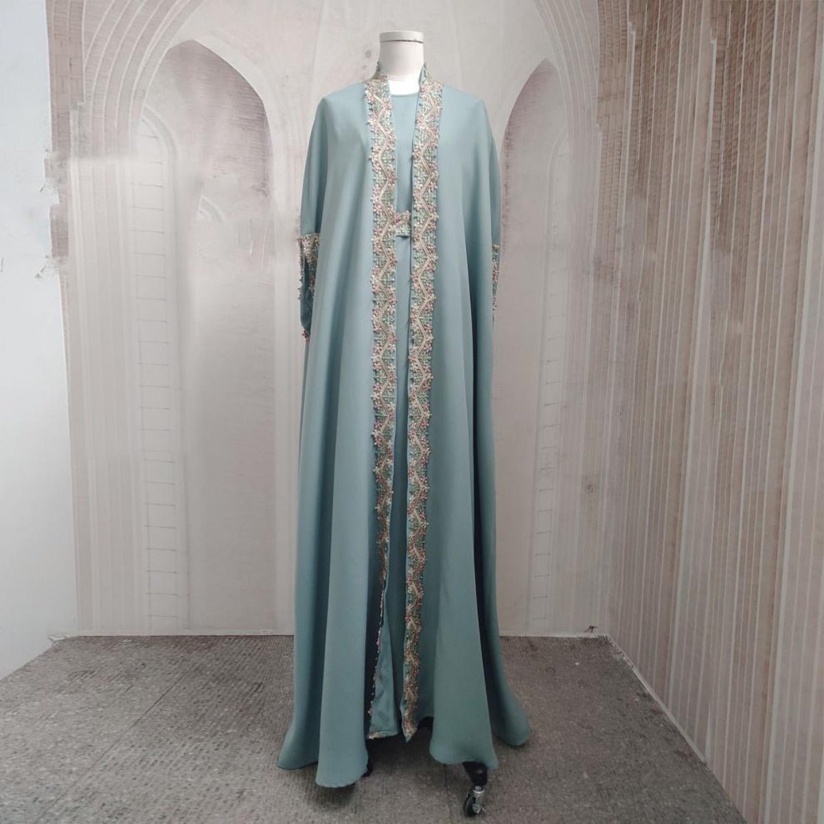 Mint Gold Bell Sleeve Abaya & Robe | Formal Muslim Luxury Two-Piece (MOA177)