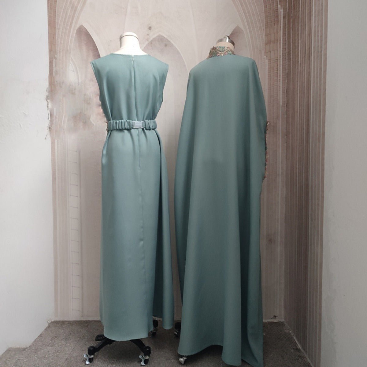 Mint Gold Bell Sleeve Abaya & Robe | Formal Muslim Luxury Two-Piece (MOA177)