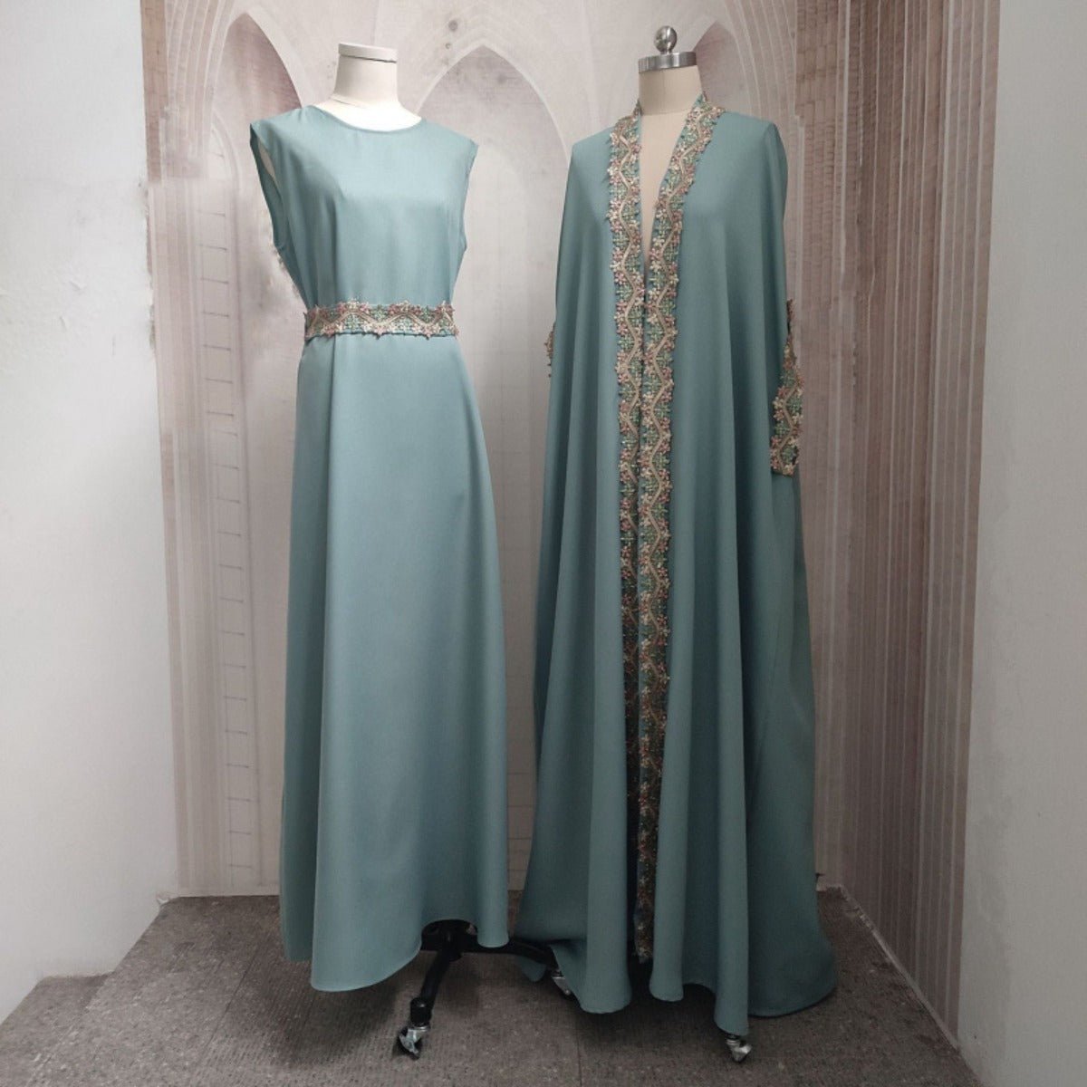 Mint Gold Bell Sleeve Abaya & Robe | Formal Muslim Luxury Two-Piece (MOA177)