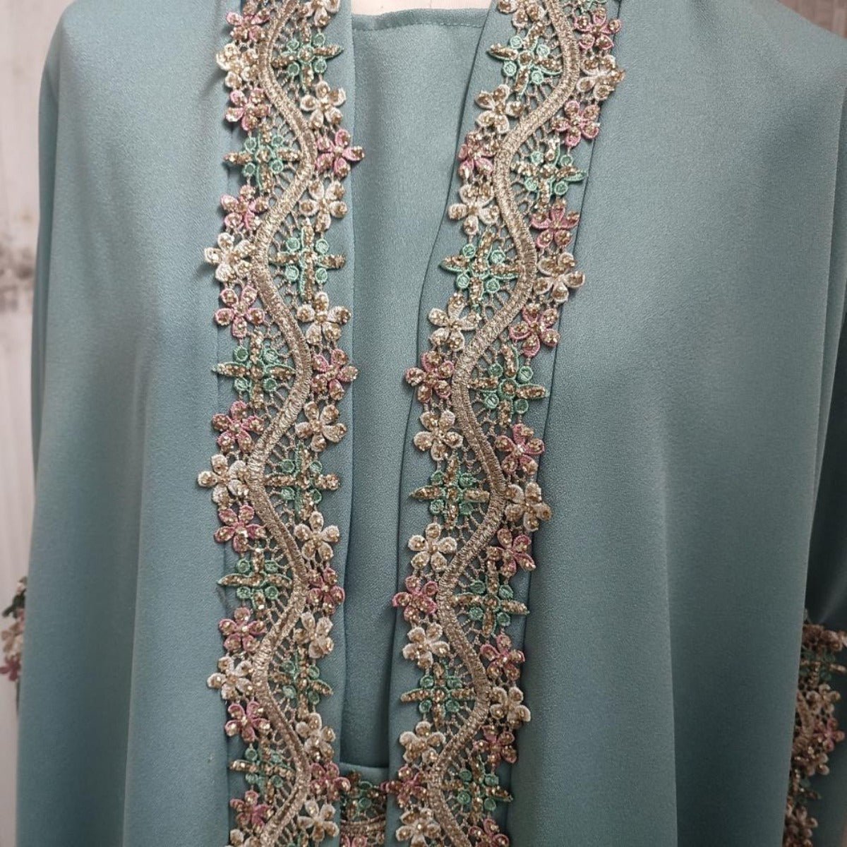 Mint Gold Bell Sleeve Abaya & Robe | Formal Muslim Luxury Two-Piece (MOA177)