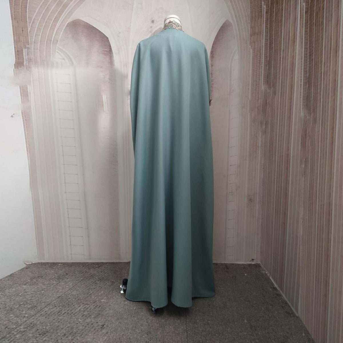 Mint Gold Bell Sleeve Abaya & Robe | Formal Muslim Luxury Two-Piece (MOA177)