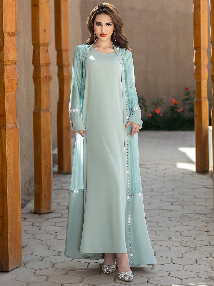 Mint Green Two-Piece Cardigan Dress Diamond-Embellished Cover-Up & Maxi Dress (MOA151)