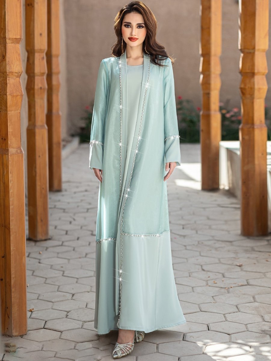 Mint Green Two-Piece Cardigan Dress Diamond-Embellished Cover-Up & Maxi Dress (MOA151)