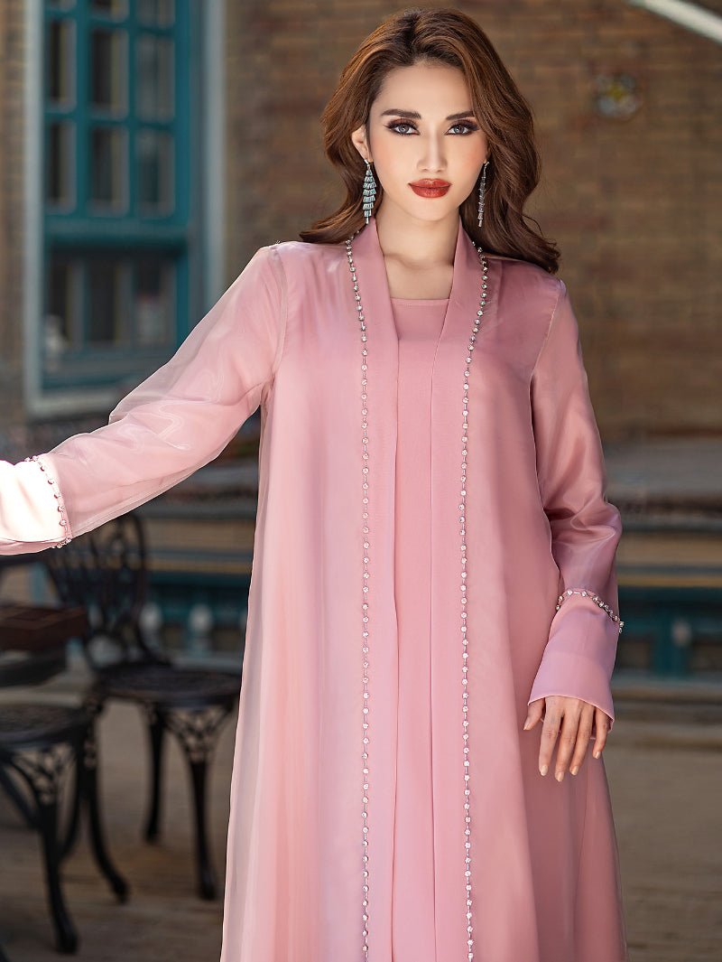 Mint Green Two-Piece Cardigan Dress Diamond-Embellished Cover-Up & Maxi Dress (MOA151)