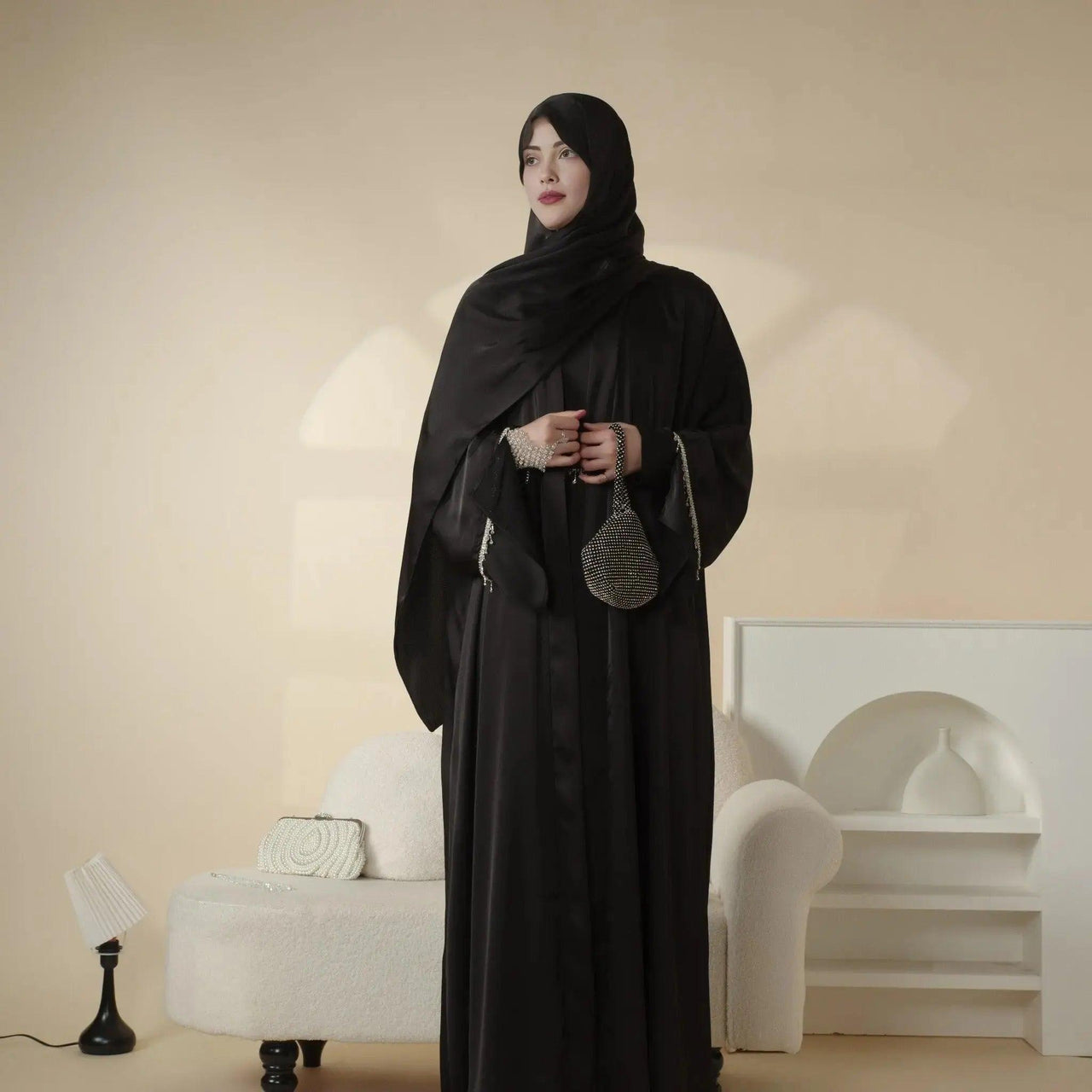Luxury Satin Abaya With Diamond Tassels Belt,  6-Piece Set (MOA041)