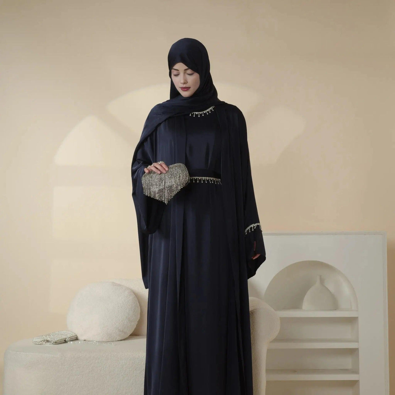 Luxury Satin Abaya With Diamond Tassels Belt,  6-Piece Set (MOA041)