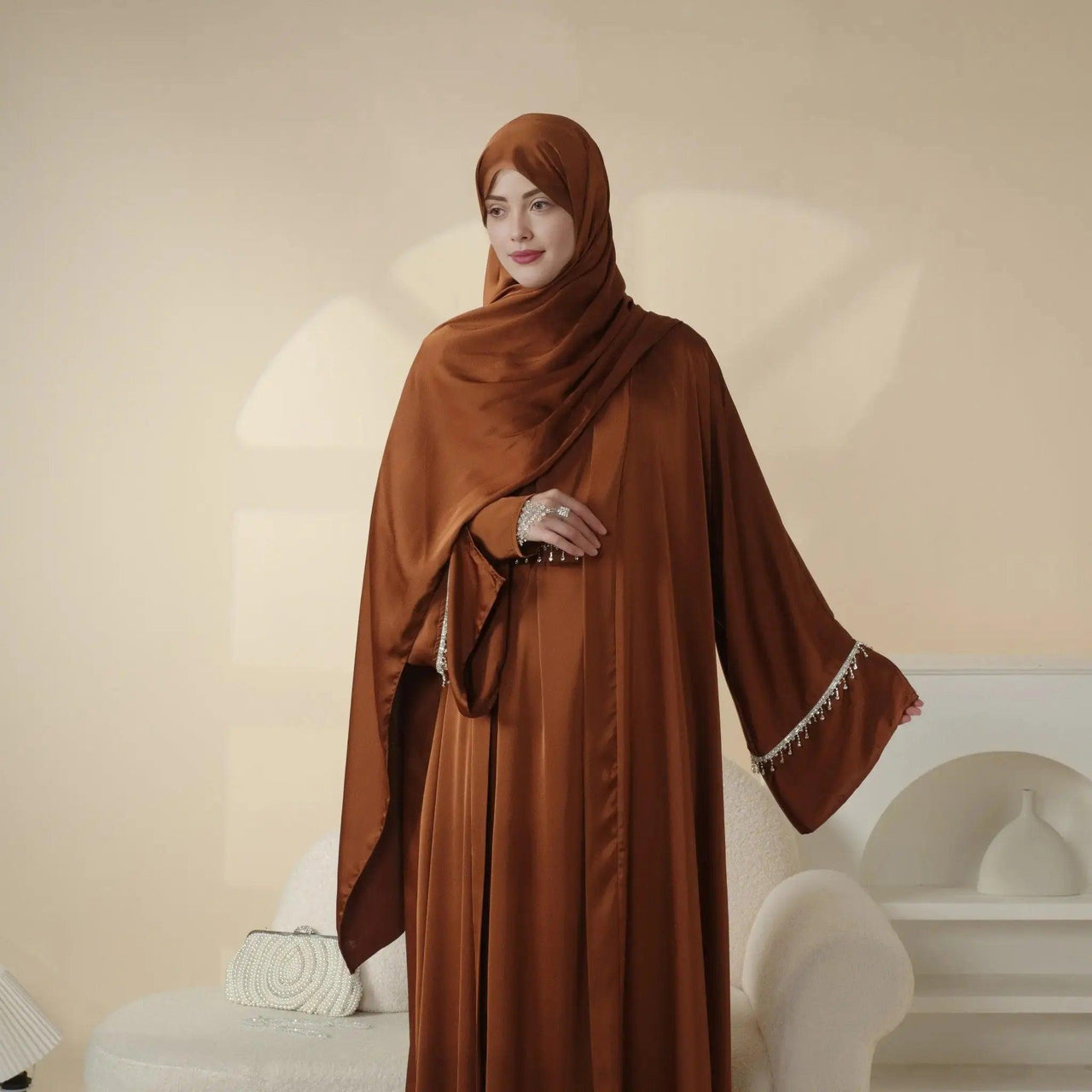 Luxury Satin Abaya With Diamond Tassels Belt,  6-Piece Set (MOA041)