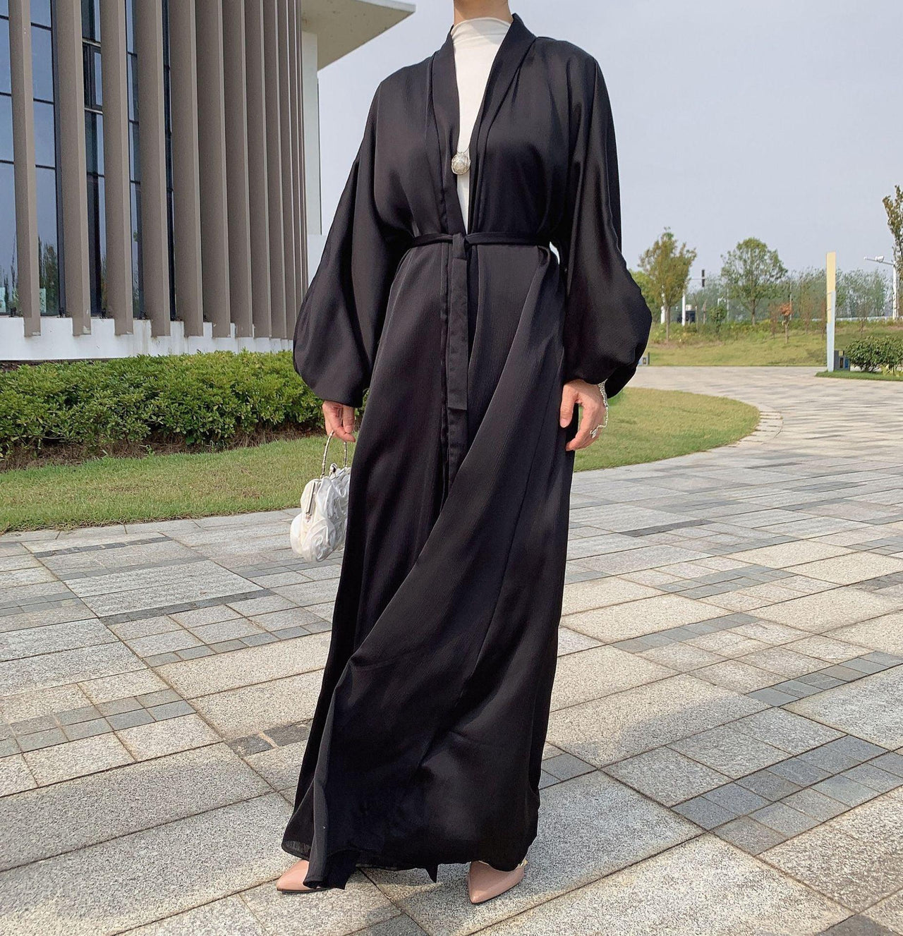 Satin Bunched Sleeve Open Abaya (MOA048)