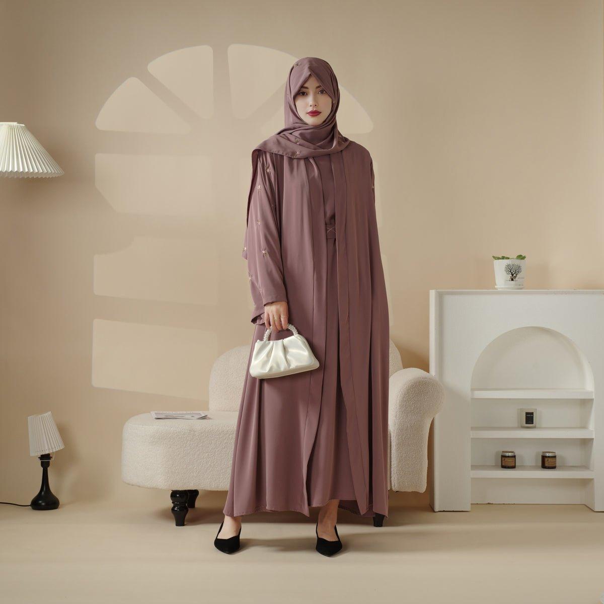 Tulip Embroidery Open Abaya 4-Piece Set (MOA051)
