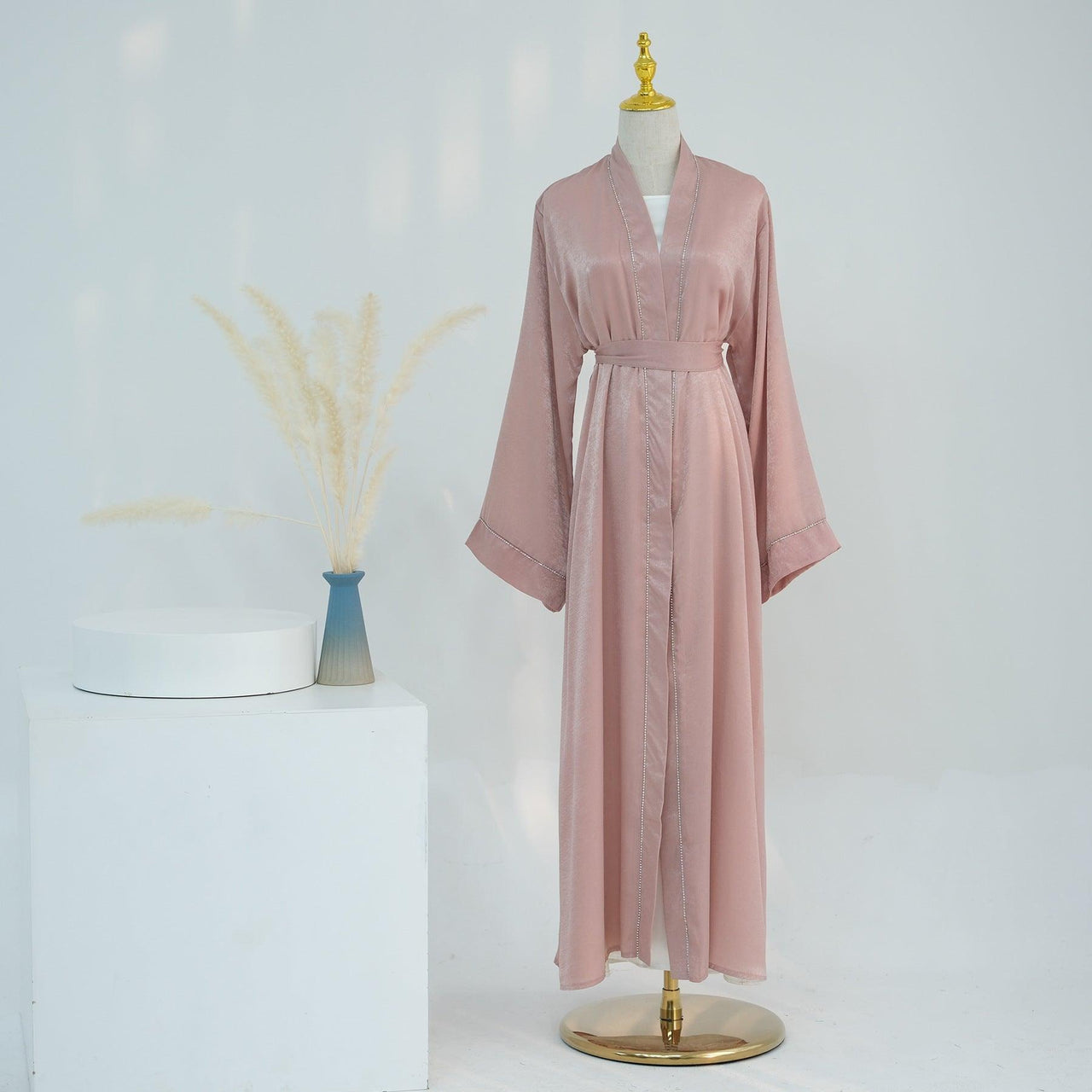 Solid Colour Trimmed Abaya Cardigan 2-Piece Set (MOA055)