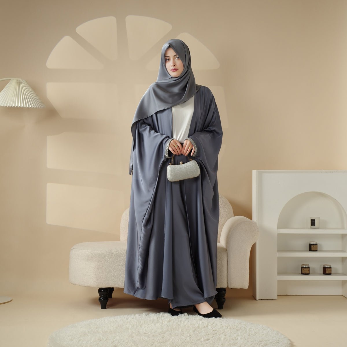 Abaya With Satin Shirt And Rhinestone Trousers | 4-Piece Set Abaya (MOA060)