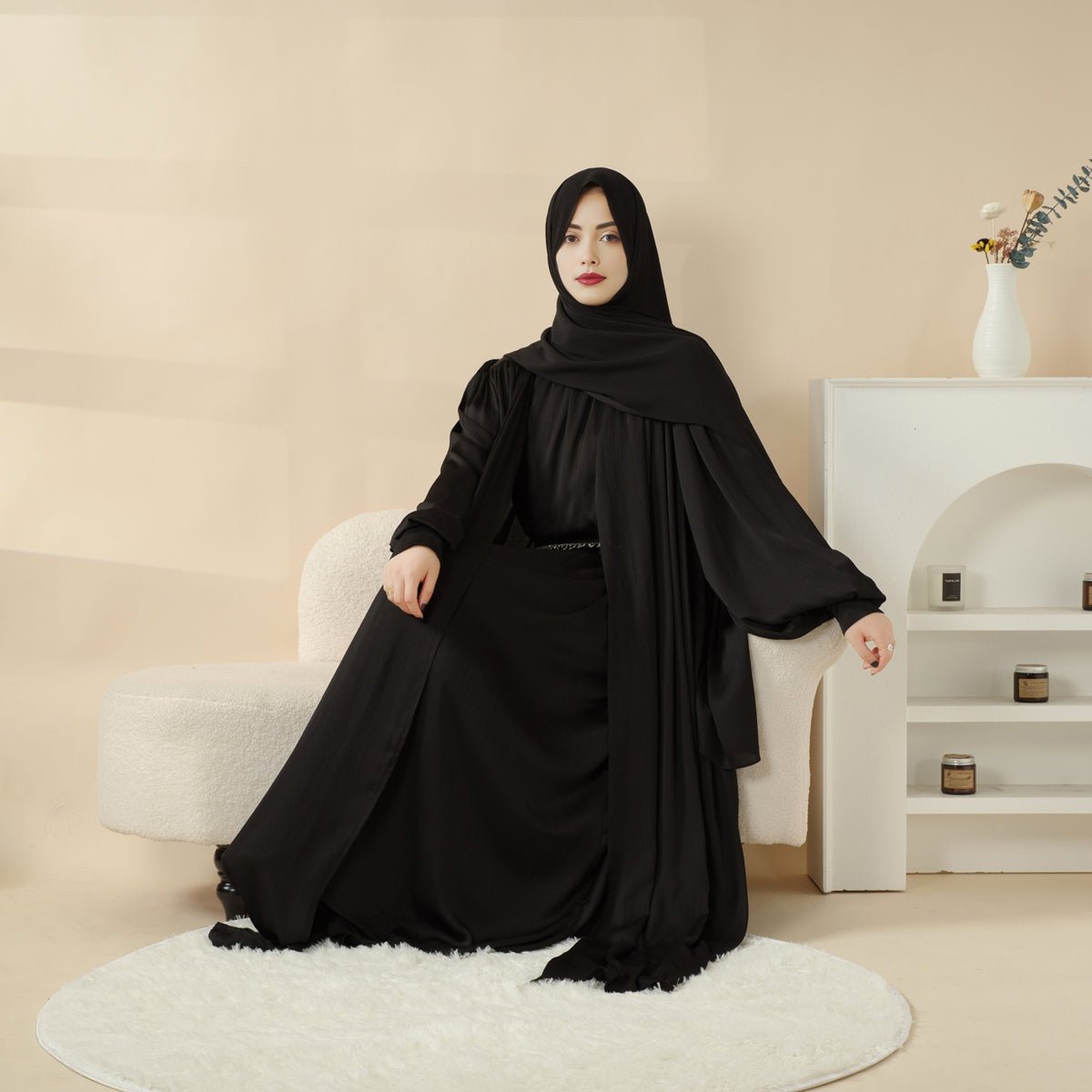 Lantern Sleeve Abaya, 4-Piece Set Large Pleated Sleeves Abaya (MOA084)