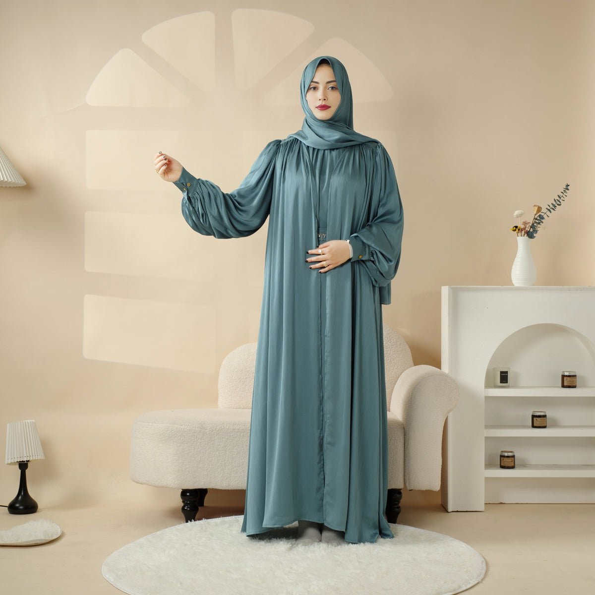 Lantern Sleeve Abaya, 4-Piece Set Large Pleated Sleeves Abaya (MOA084)