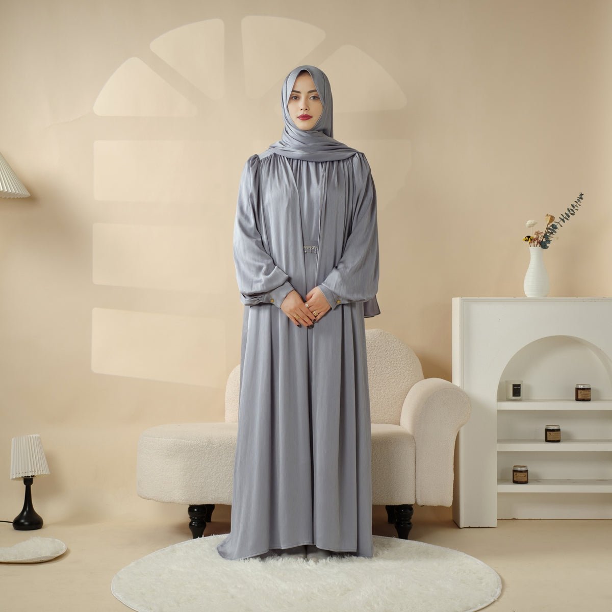 Lantern Sleeve Abaya, 4-Piece Set Large Pleated Sleeves Abaya (MOA084)