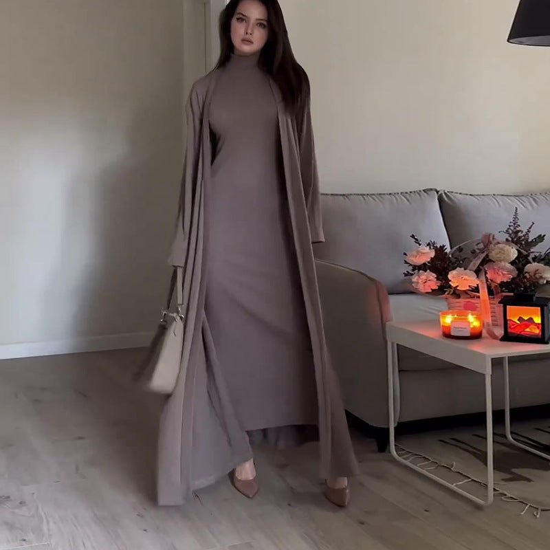 High Neck Casual Slim Shawl Abaya 2-Piece Set (MOA091)