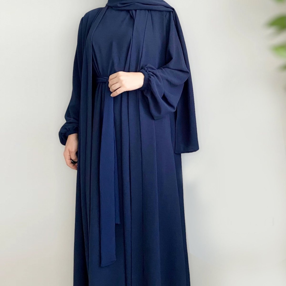 Solid Color Elegant Open Abaya with Pockets | 3-Piece Set Open Abaya (MOA092)