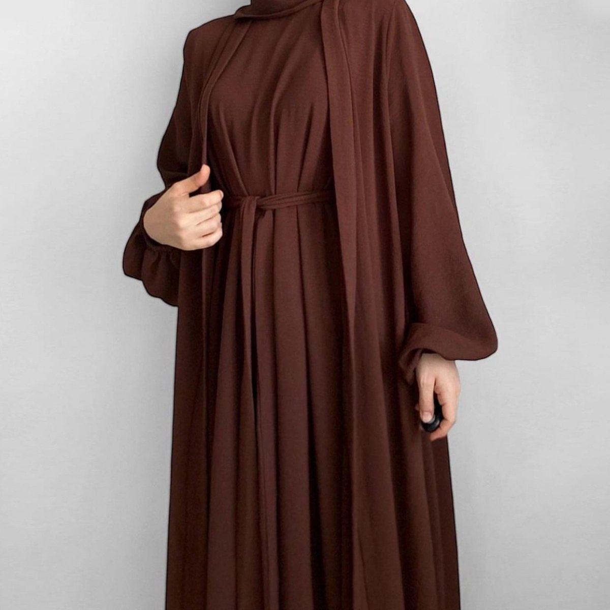Solid Color Elegant Open Abaya with Pockets | 3-Piece Set Open Abaya (MOA092)