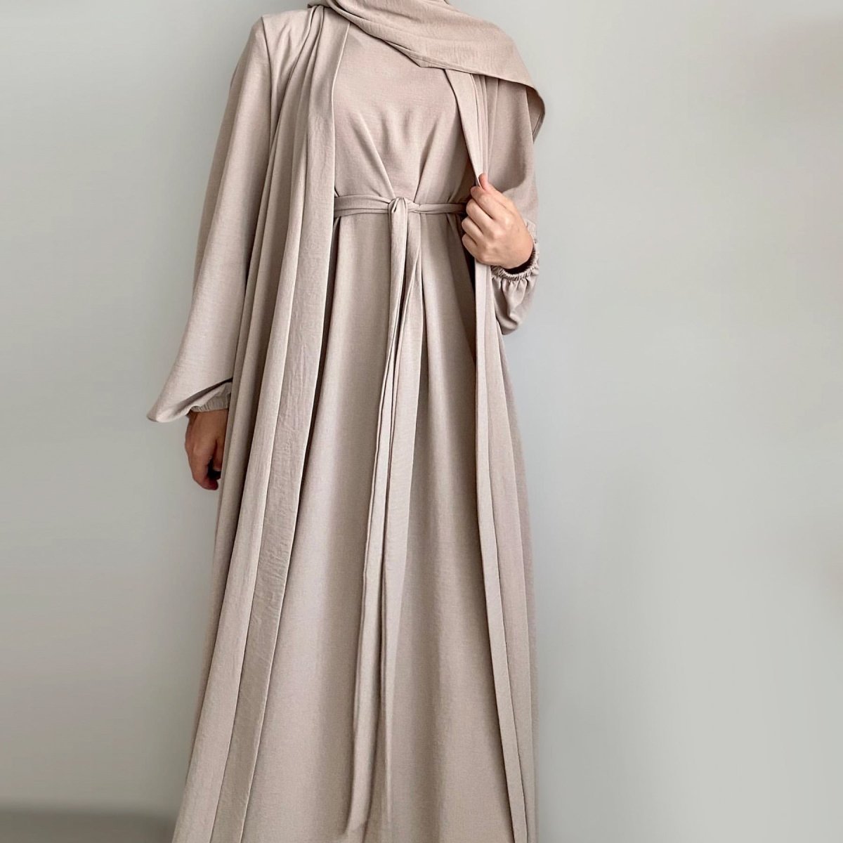 Solid Color Elegant Open Abaya with Pockets | 3-Piece Set Open Abaya (MOA092)