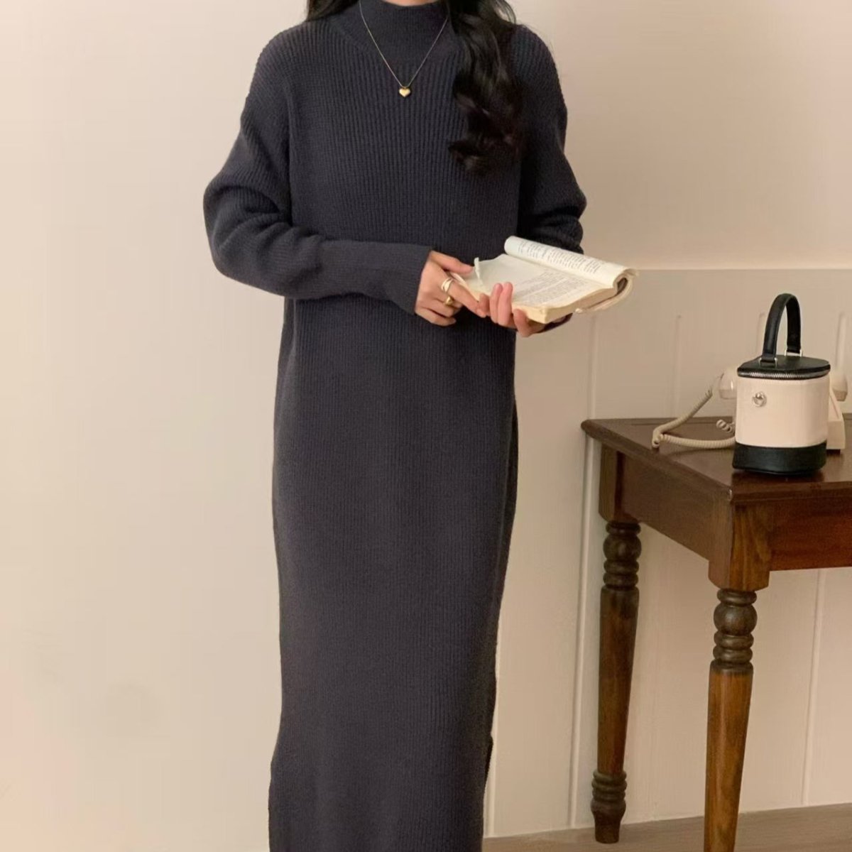 Mock Neck Ribbed Knit Maxi Dress(MS158)