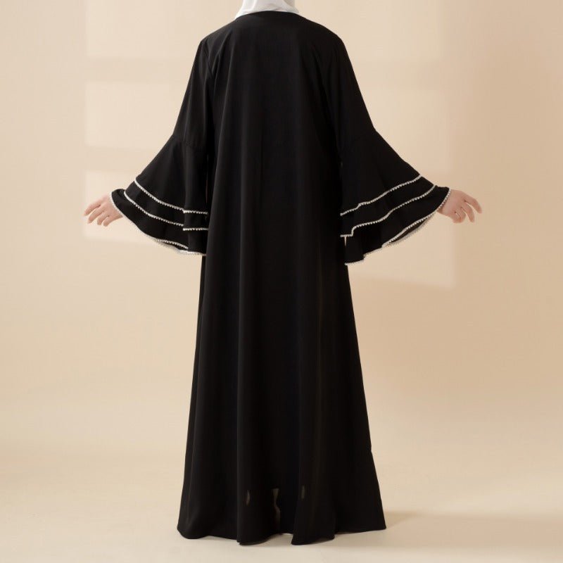 Modest Cardigan Black Robe Beaded Cuff Abaya with Layered Sleeves Elegant Design(MOA136)