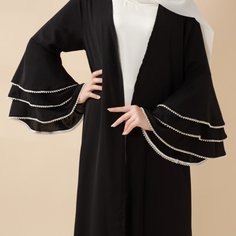 Modest Cardigan Black Robe Beaded Cuff Abaya with Layered Sleeves Elegant Design(MOA136)