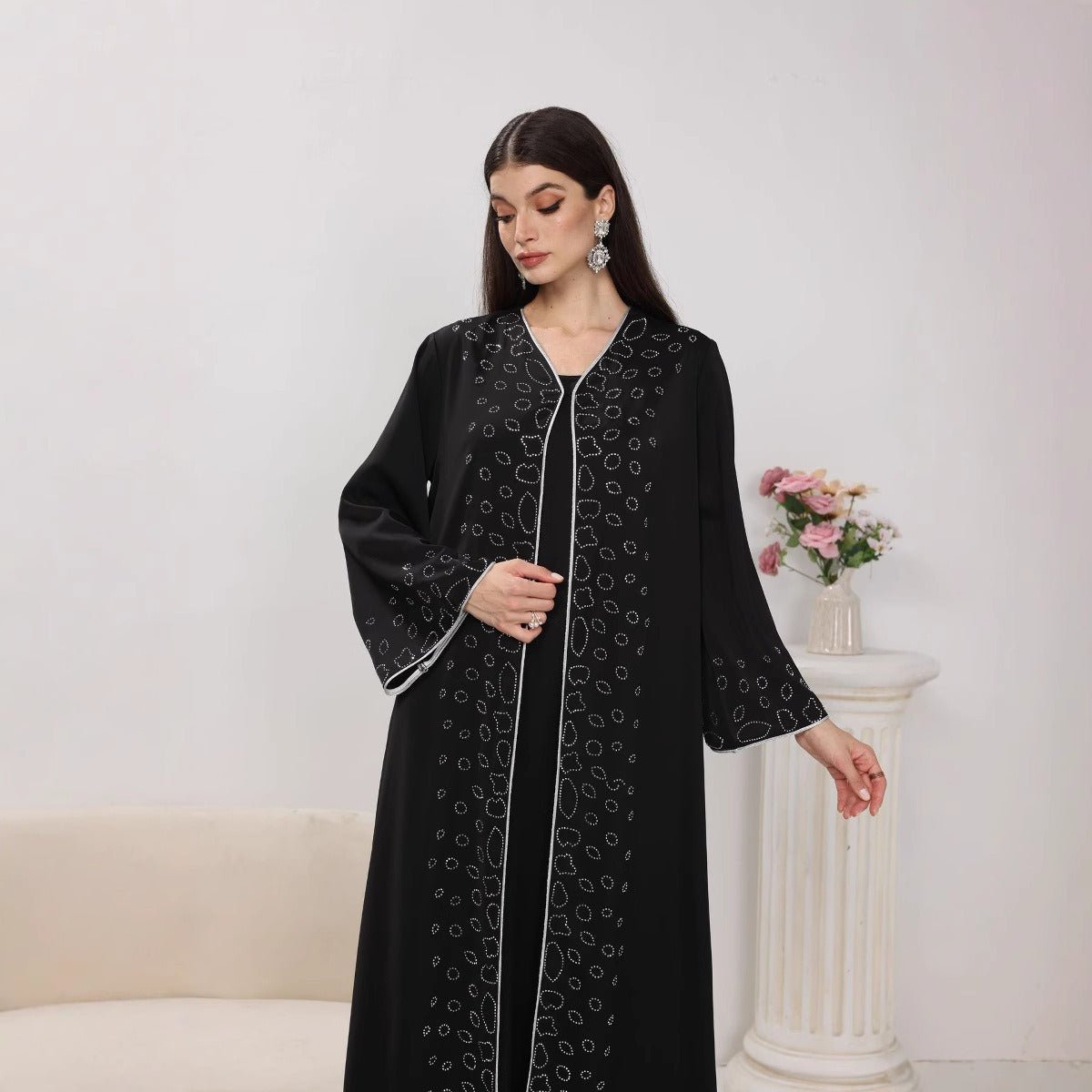 Modest Casual Black Diamond Embellished Loose Dress Abaya (MOA207)