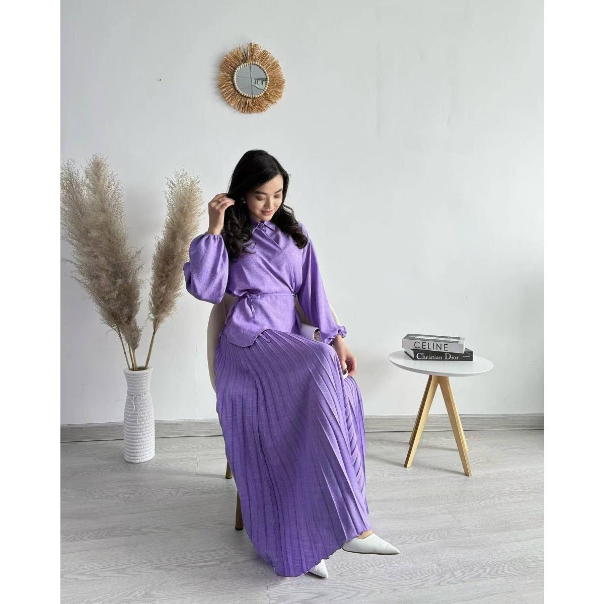 Modest Cross-Wrap Top with Matching Maxi Skirt Pleated Skirt Suit Set (MS092)