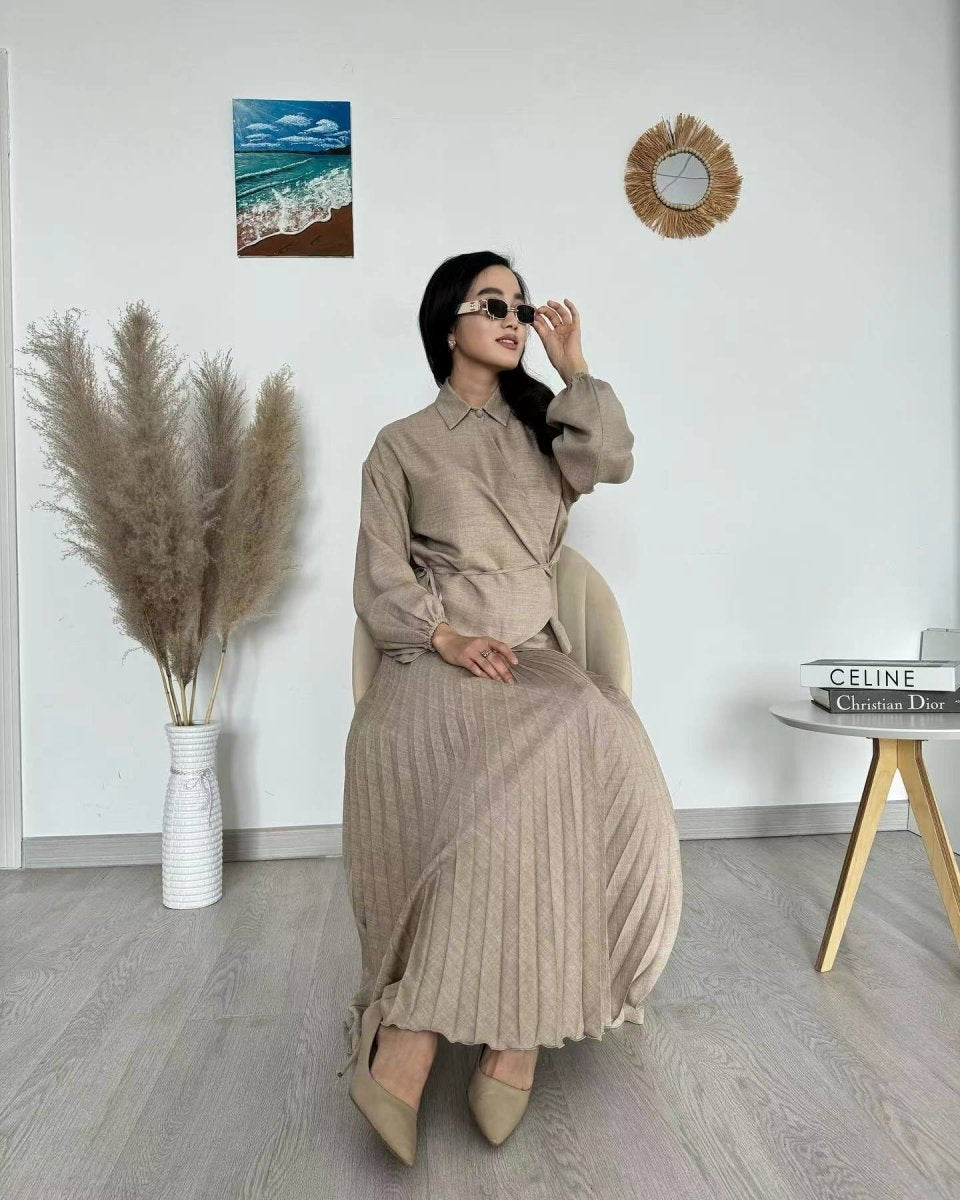 Modest Cross-Wrap Top with Matching Maxi Skirt Pleated Skirt Suit Set (MS092)