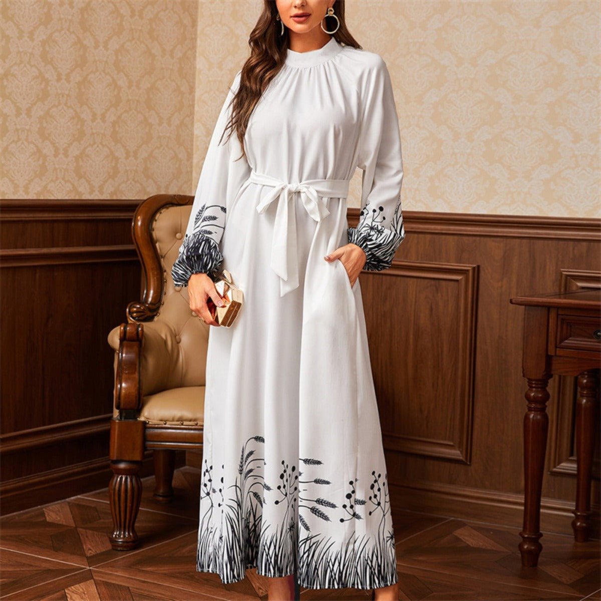 Modest Elegant Botanical Print Maxi Dress | White Crew Neck Long Sleeve Dress(MA267)