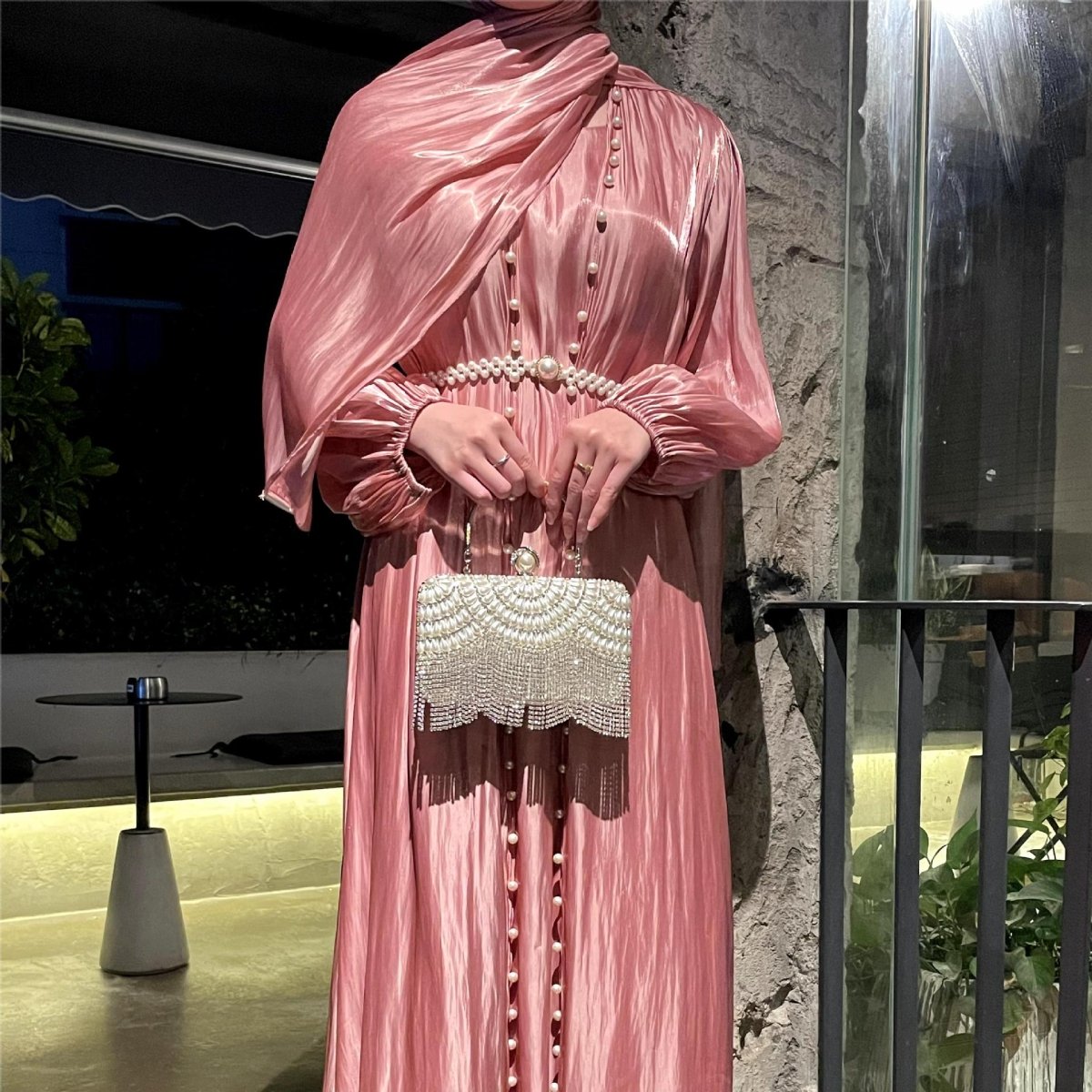 Modest Luxe Pearl-Embellished Streamer Evening Abaya Dress (MOA149)