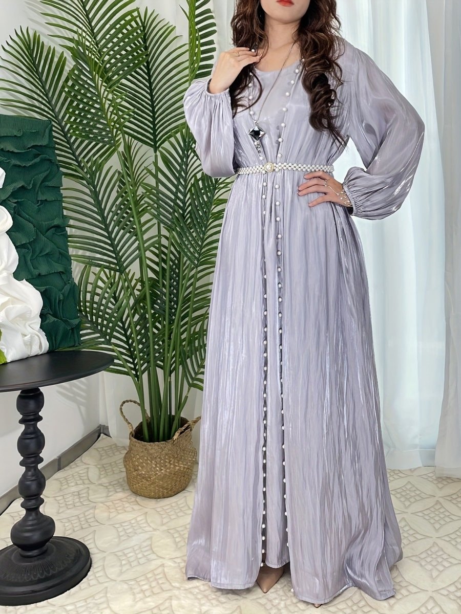 Modest Luxe Pearl-Embellished Streamer Evening Abaya Dress (MOA149)