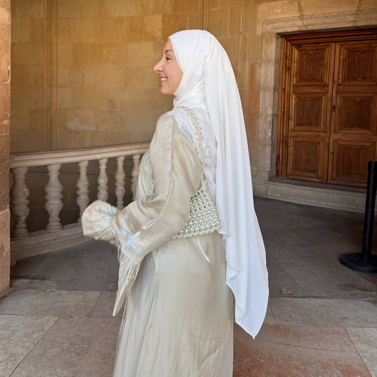 Modest Luxury Moonlight Glow Abaya Set | Cream White Two-Piece with Bell Sleeves (MOA189)