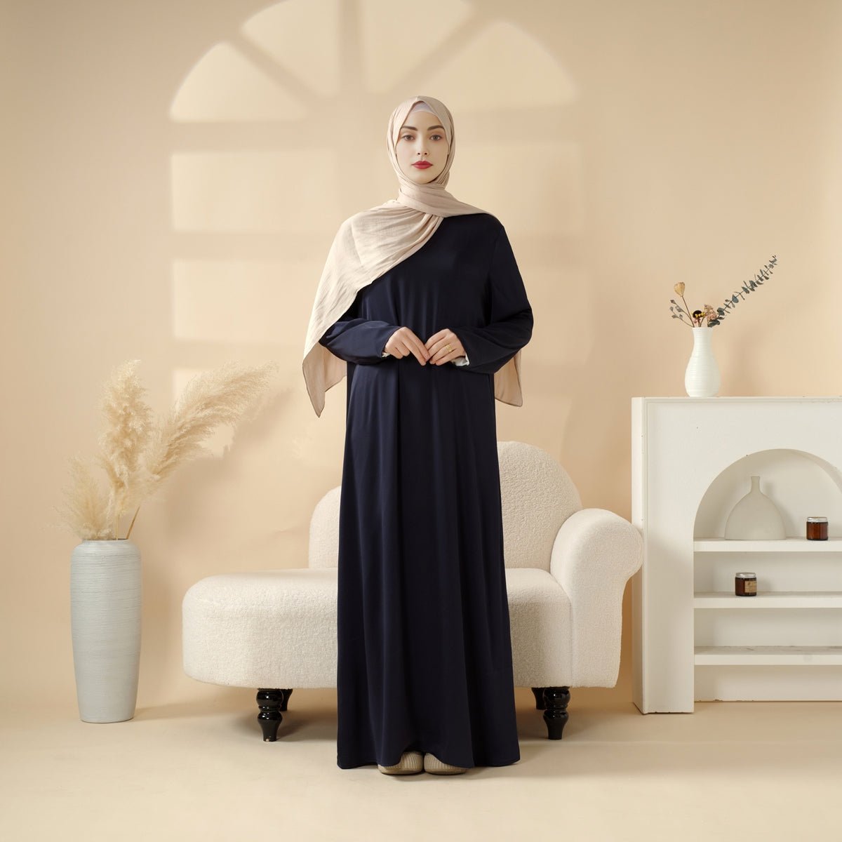 Navy Blue Pleated Abaya Set | Beaded Robe Abaya with Silver Embroidery (MOA168)