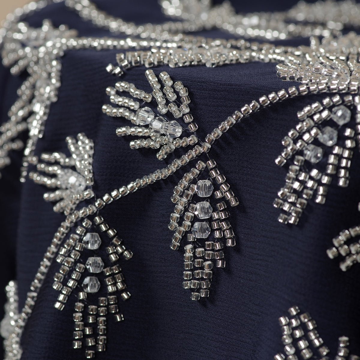 Navy Blue Pleated Abaya Set | Beaded Robe Abaya with Silver Embroidery (MOA168)
