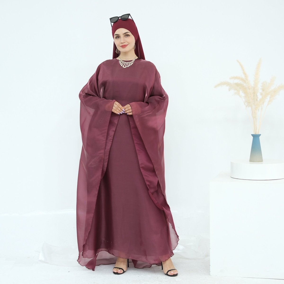 Modest Luxury Solid Color Robe Dress Set | Elegant Bell Sleeve Abaya (MA246)
