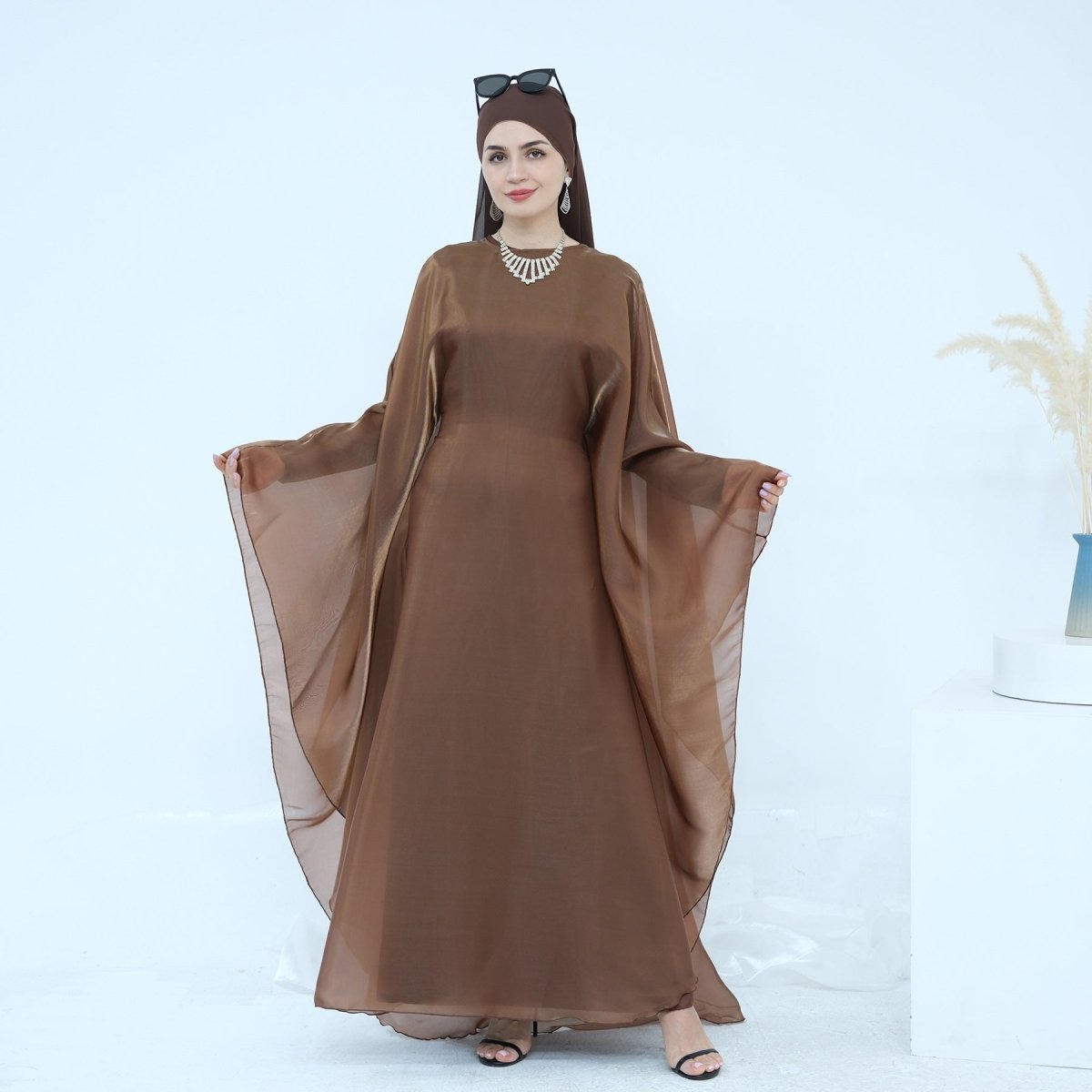 Modest Luxury Solid Color Robe Dress Set | Elegant Bell Sleeve Abaya (MA246)