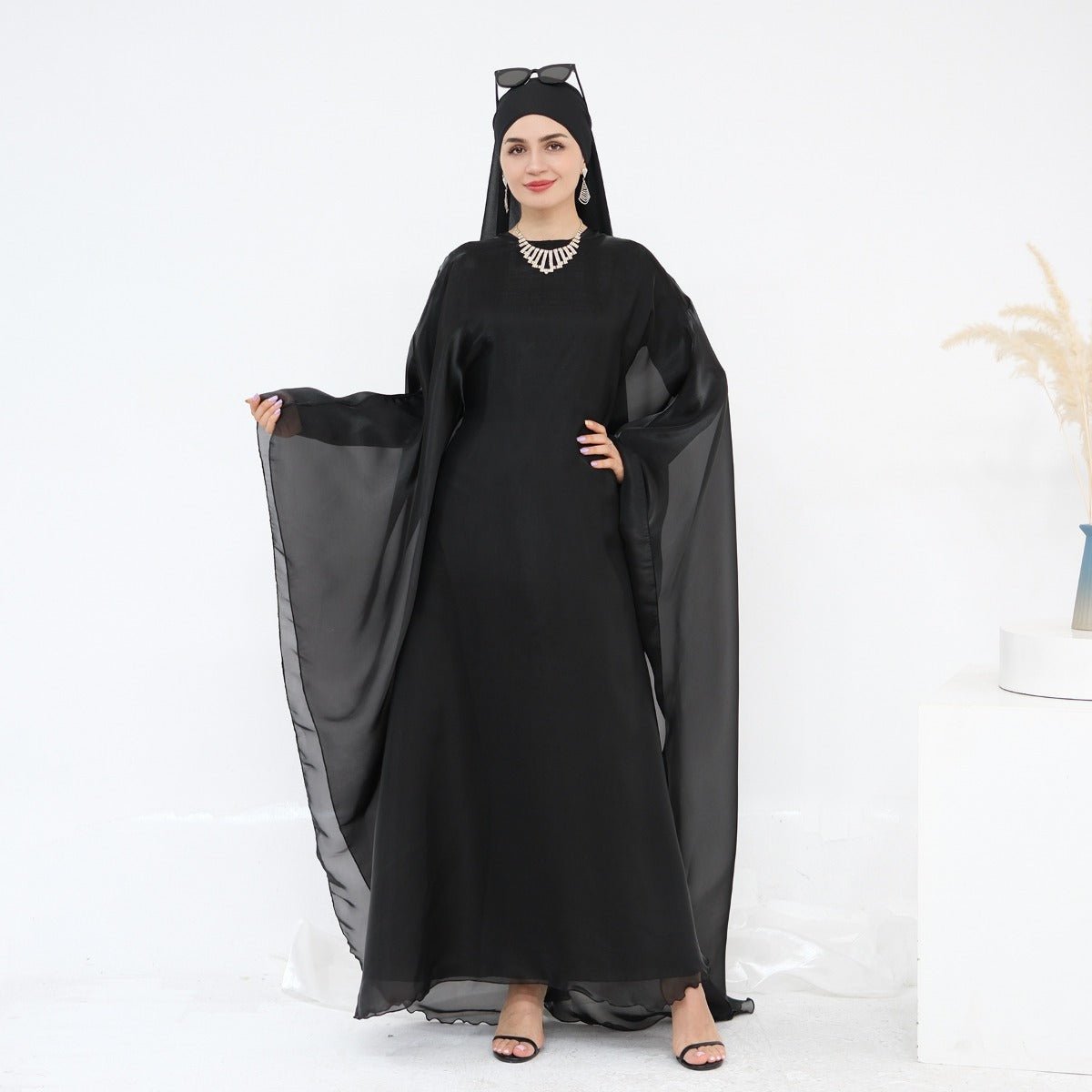 Modest Luxury Solid Color Robe Dress Set | Elegant Bell Sleeve Abaya (MA246)