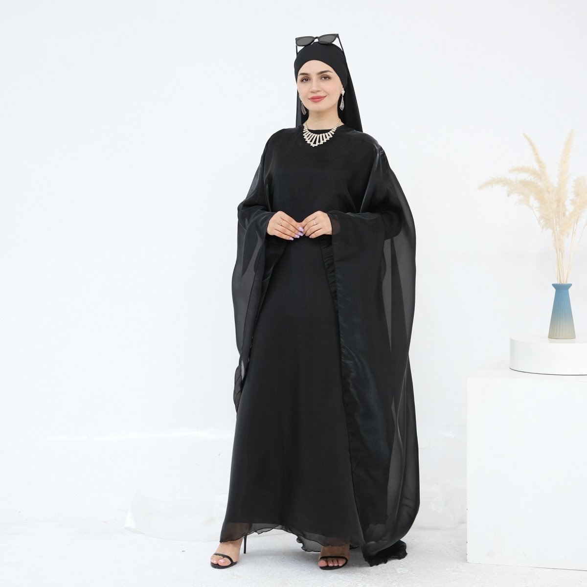 Modest Luxury Solid Color Robe Dress Set | Elegant Bell Sleeve Abaya (MA246)