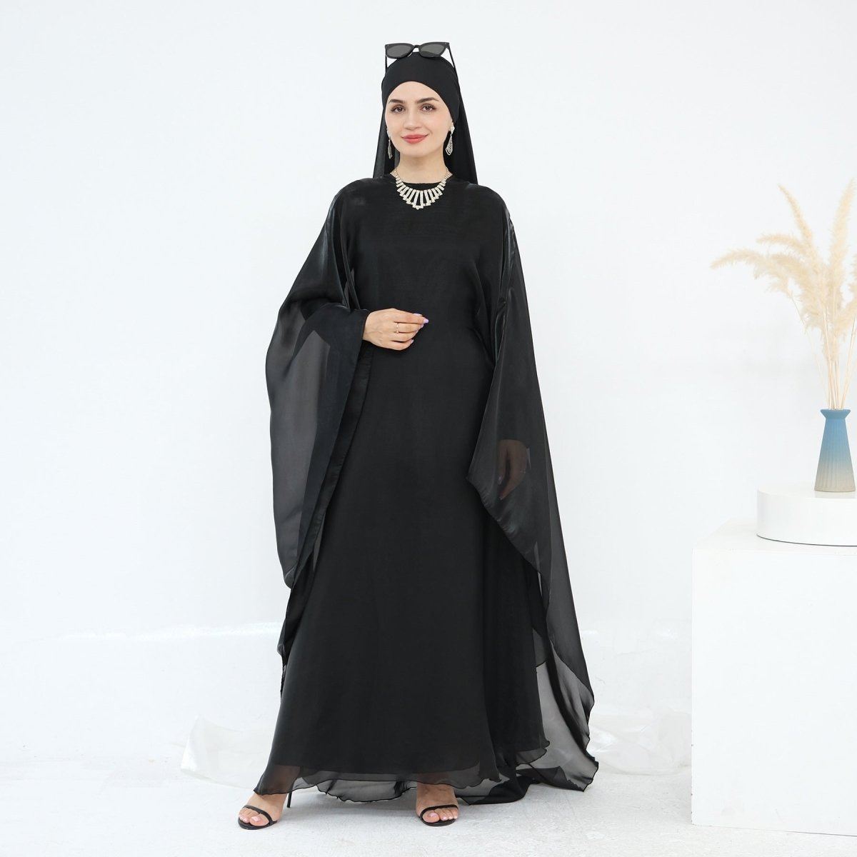Modest Luxury Solid Color Robe Dress Set | Elegant Bell Sleeve Abaya (MA246)
