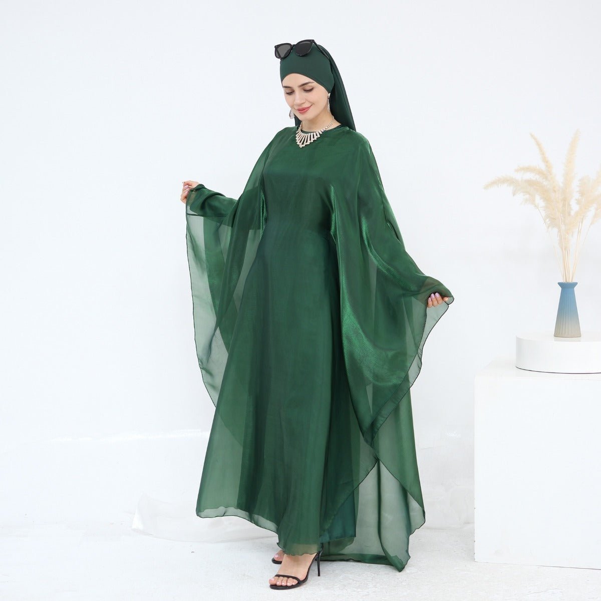 Modest Luxury Solid Color Robe Dress Set | Elegant Bell Sleeve Abaya (MA246)