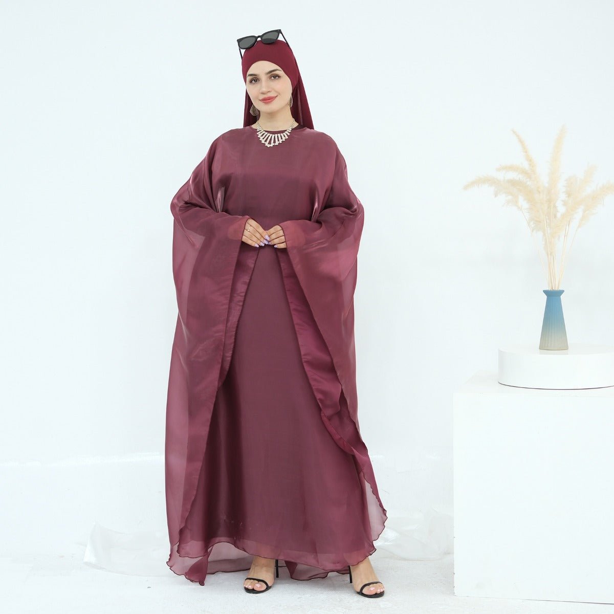 Modest Luxury Solid Color Robe Dress Set | Elegant Bell Sleeve Abaya (MA246)