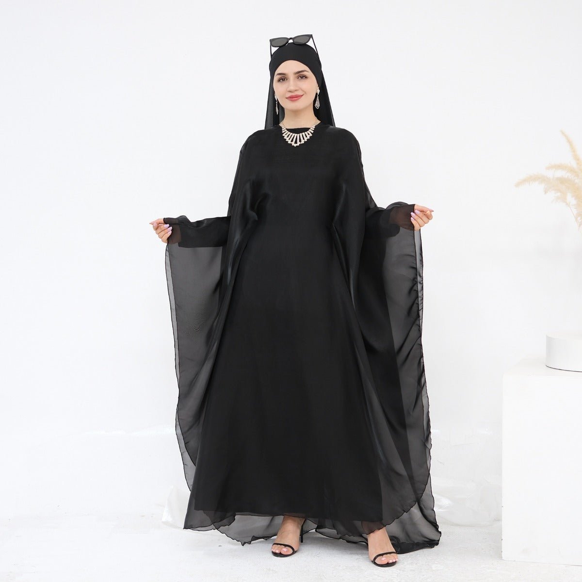 Modest Luxury Solid Color Robe Dress Set | Elegant Bell Sleeve Abaya (MA246)