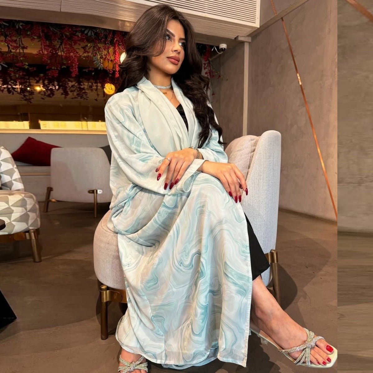 Modest Luxury Spring/Summer Ocean Breeze Abaya Set | Water Ripple Print Chiffon Cardigan with Matching Hijab (MOA176)