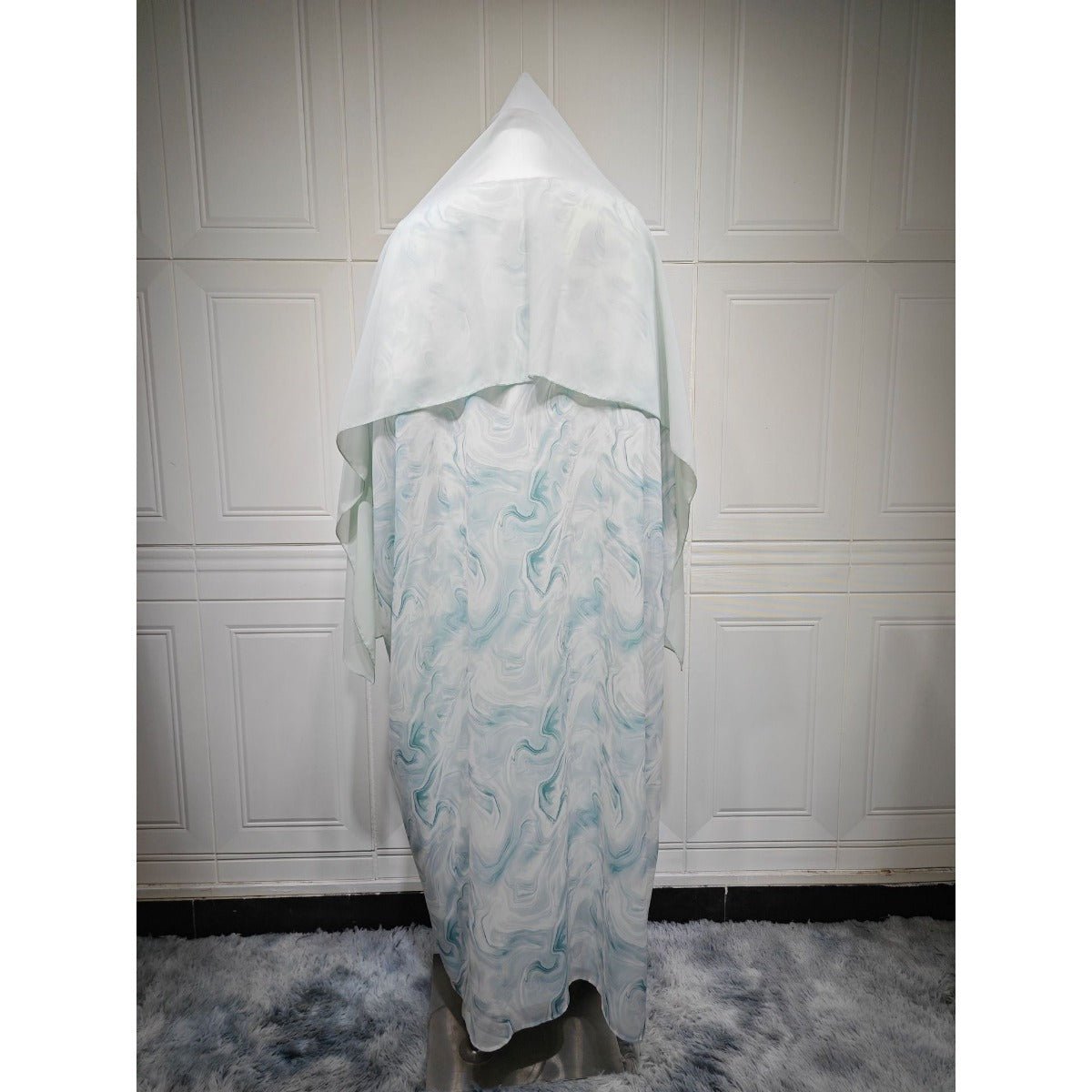 Modest Luxury Spring/Summer Ocean Breeze Abaya Set | Water Ripple Print Chiffon Cardigan with Matching Hijab (MOA176)