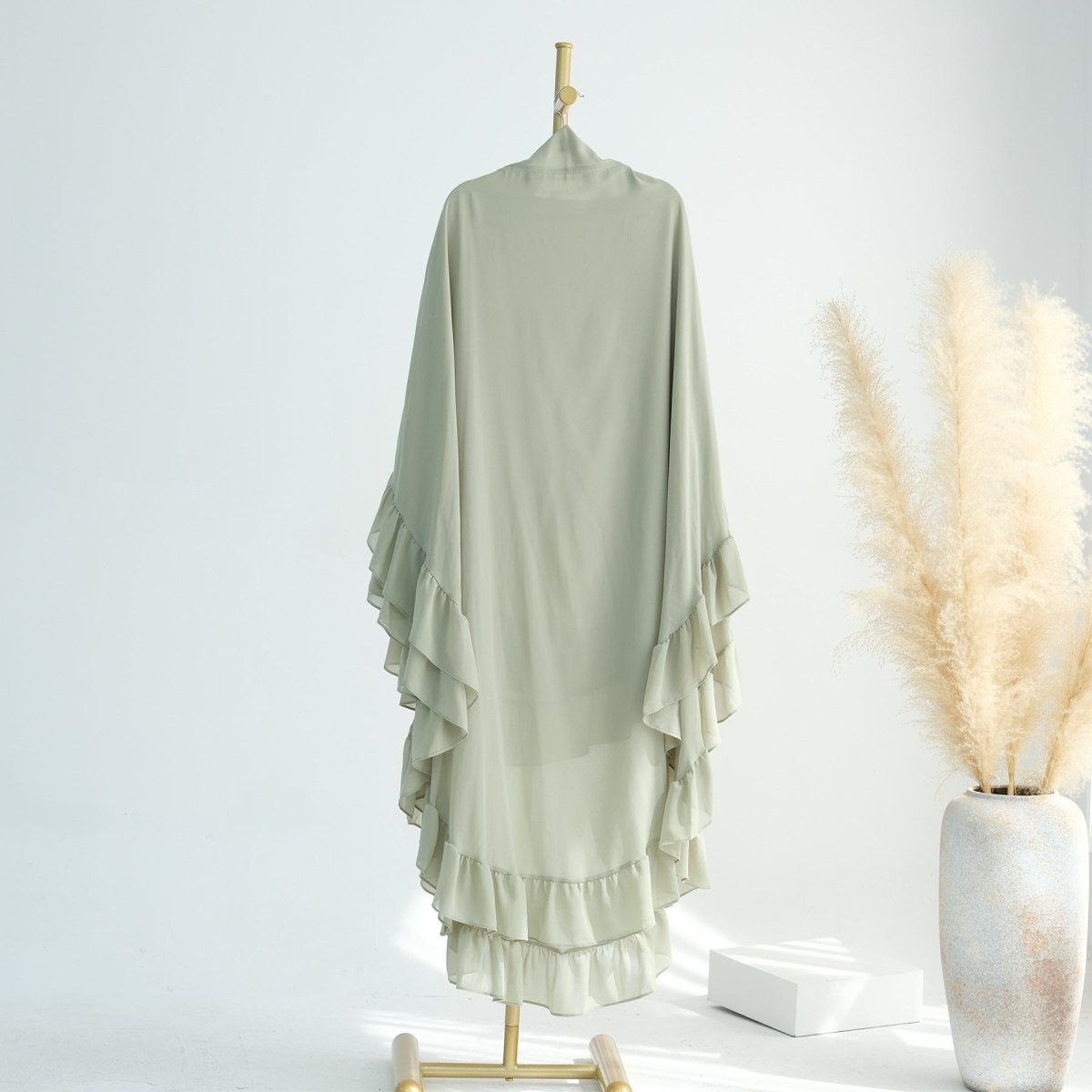 Soft Solid Color Muslim Hijabs with Flowy Cape Design |  Double-Layer Ruffle-Edged Big Swing Headscarf (MK023)